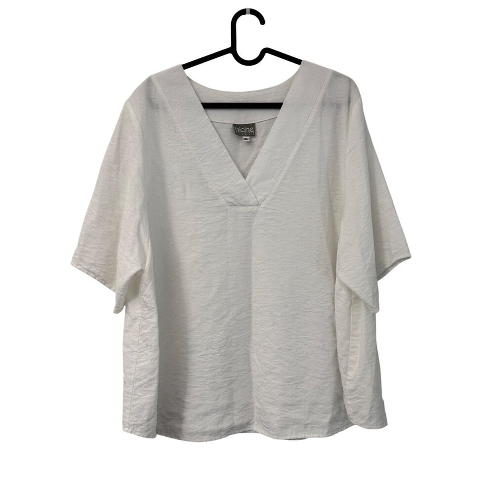 Niche Nilgun Derman White Rayon Vneck Short Sleeve Blouse Womens Size XLarge